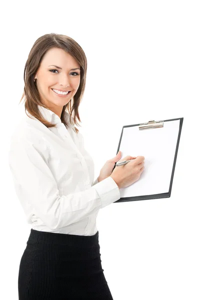 Счастливая улыбающаяся жизнерадостная молодая деловая женщина, пишущая на планшете , — стоковое фото