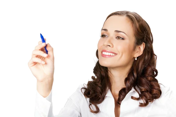 Lächelnde Geschäftsfrau auf weißem Hintergrund lizenzfreie Stockbilder