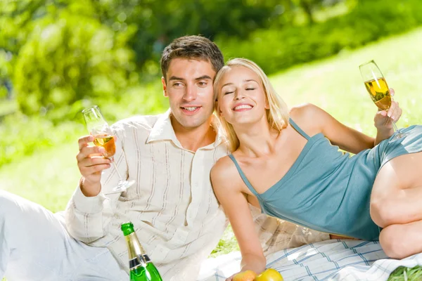 Junges glückliches Paar feiert bei Picknick mit Champagner lizenzfreie Stockfotos