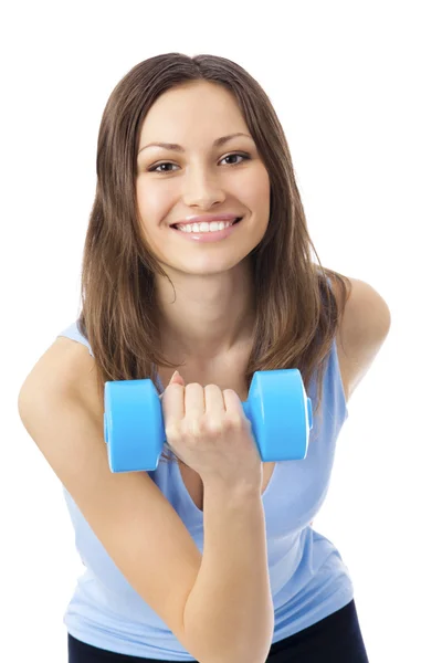 Young woman in sportswear with dumbbell, isolated on white Royalty Free Stock Photos