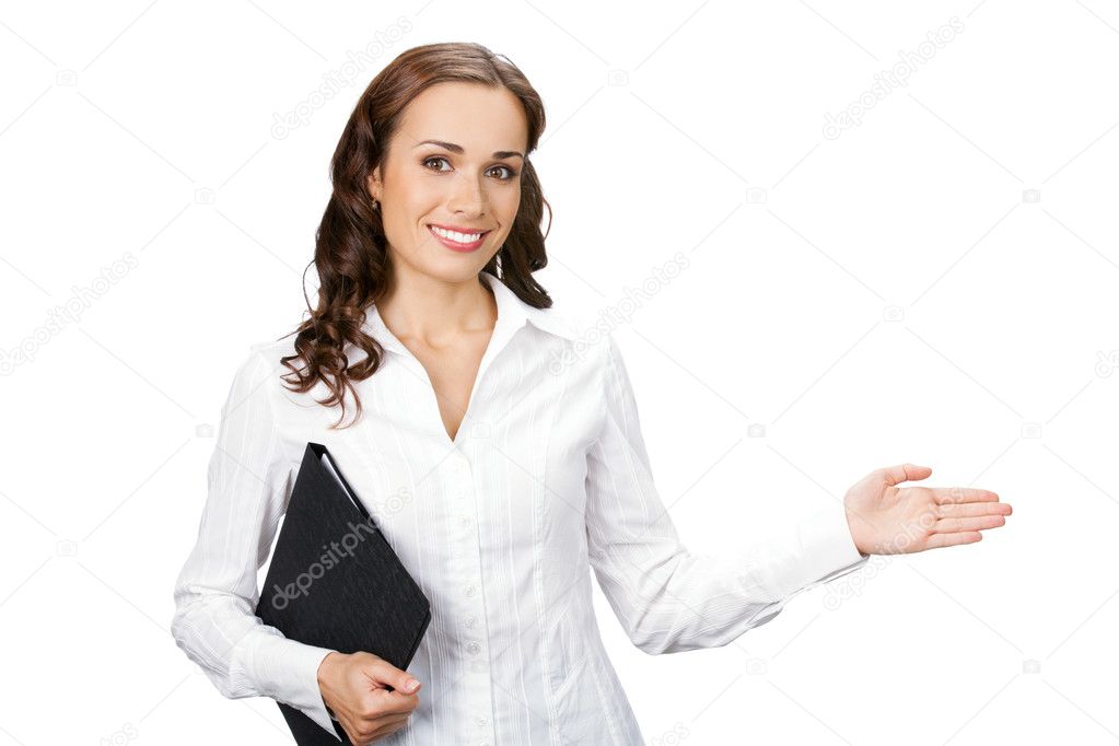 Smiling business woman on white background