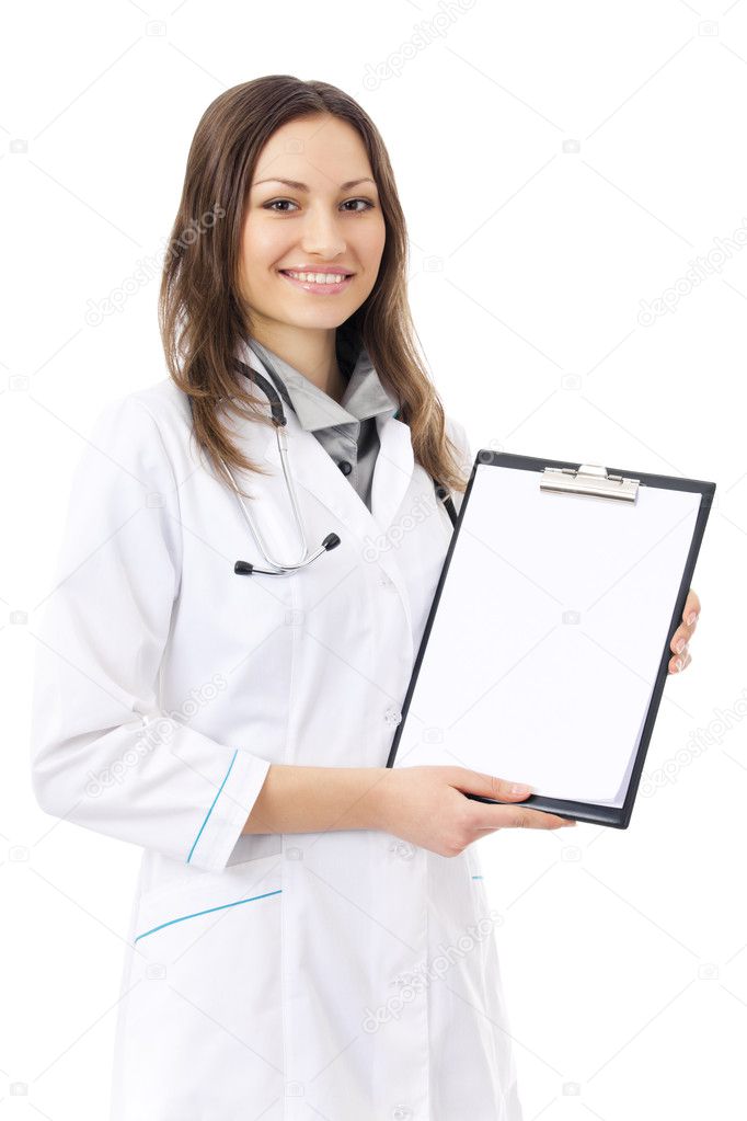 Female doctor or nurse with clipboard, isolated on white