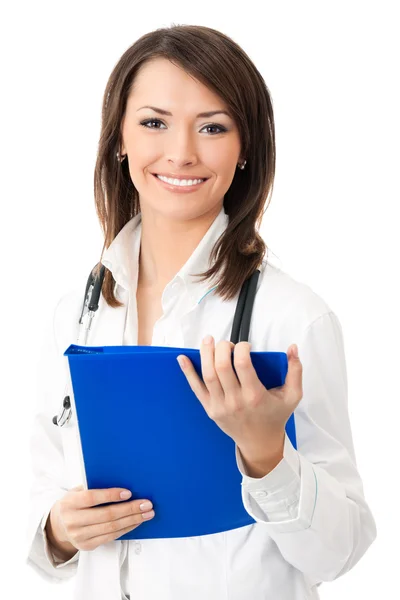 Młody szczęśliwy uśmiechający się kobiece kobieta lekarz, na białym tle — Zdjęcie stockowe