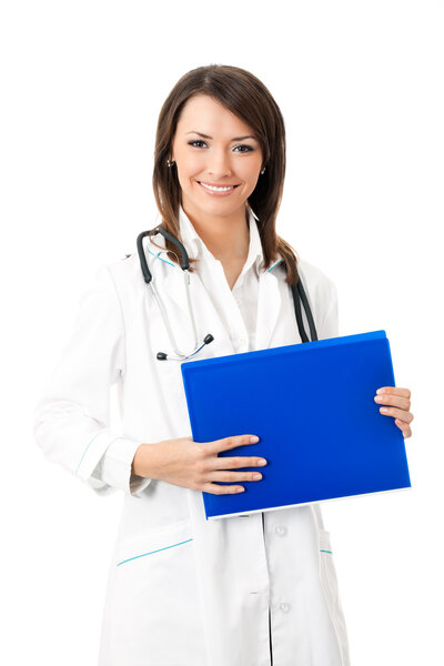 Young happy smiling female doctor, isolated
