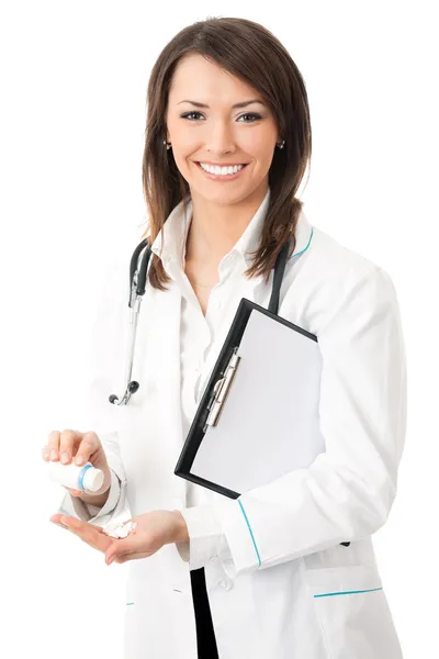 Młody szczęśliwy uśmiechający się kobiece kobieta lekarz, na białym tle — Zdjęcie stockowe