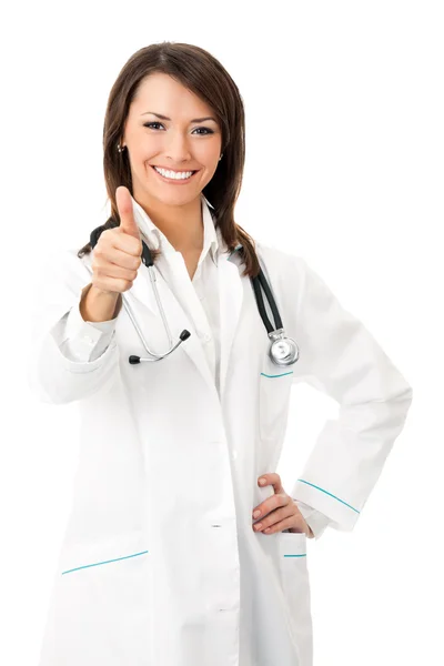Unga glada leende kvinnliga läkare, isolerade Stockbild