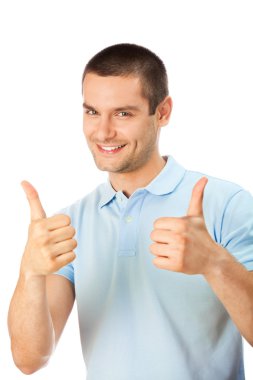 Happy man with thumbs up gesture, isolated on white