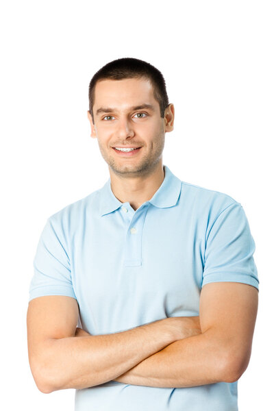 Portrait of happy smiling young man, isolated on white background
