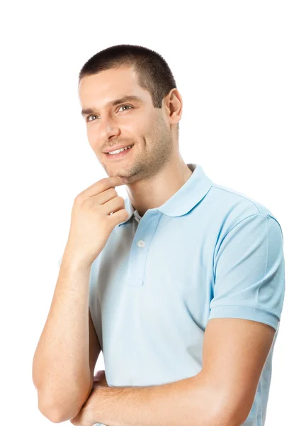 Προσωπογραφία του σκεπτόμενο άνθρωπο, κοιτώντας ψηλά, χαμογελώντας, απομονωμένα σε λευκό — Φωτογραφία Αρχείου