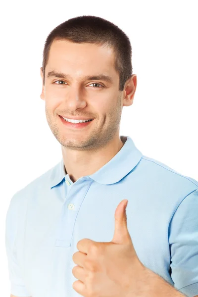 Happy man with thumbs up gesture, isolated on white — Stock Photo, Image