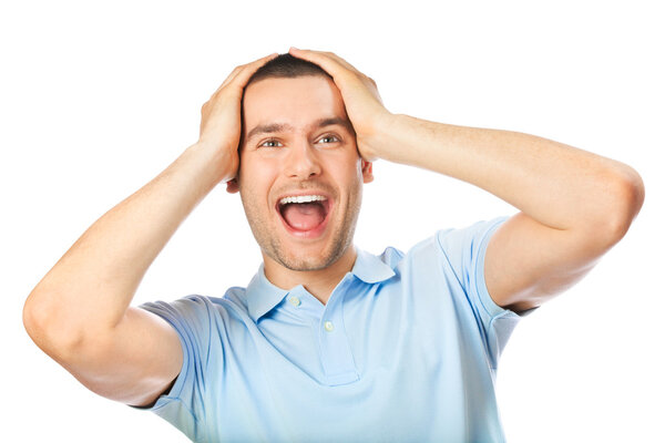 Выразительный счастливый удивленный человек, изолированный на белом
