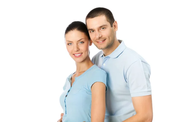 Retrato de jovem feliz sorrindo casal atraente, isolado em w — Fotografia de Stock