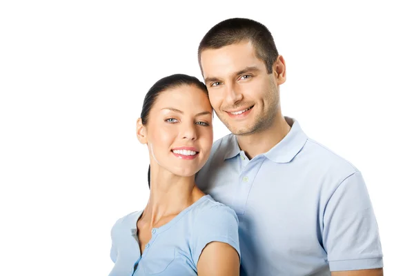Ritratto di giovane felice coppia attraente sorridente, isolato su w — Foto Stock