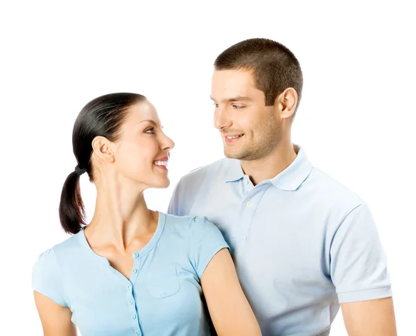 Retrato de joven feliz sonriente atractiva pareja, aislado en w —  Fotos de Stock