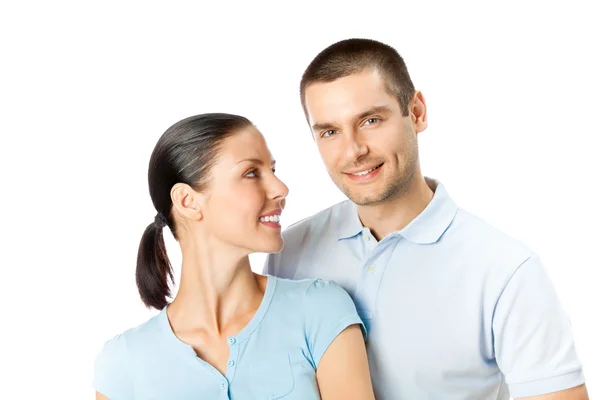 stock image Portrait of young happy smiling attractive couple, isolated on w