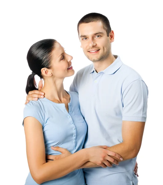 Ritratto di giovane felice coppia attraente sorridente, isolato su w — Foto Stock