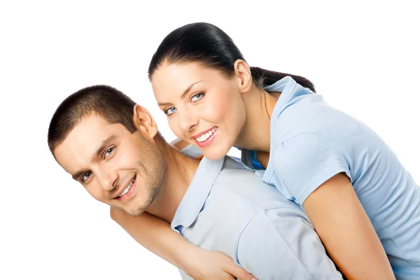 Portrait of young happy smiling attractive couple, isolated on w — Stock Photo, Image