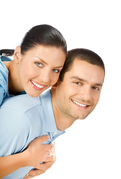 Portrait of young happy smiling embracing attractive couple, iso — Stock Photo, Image
