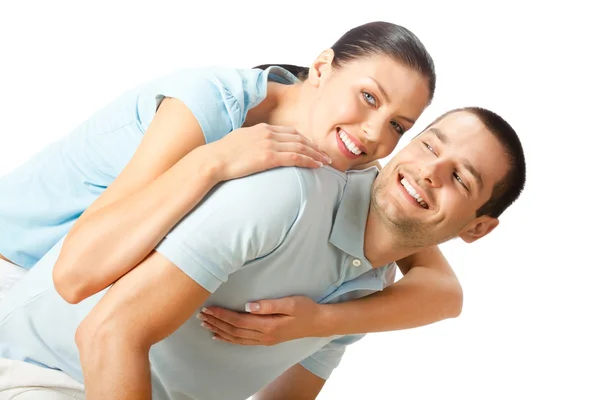영 승에 고립 된 매력적인 커플 웃 고 행복의 초상화 — 스톡 사진