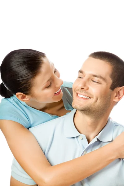 Portrait of young happy smiling attractive couple, isolated on w — Stock Photo, Image