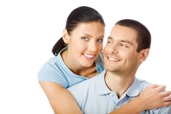 若い幸せな笑顔 w に分離の魅力的なカップルの肖像画 — ストック写真