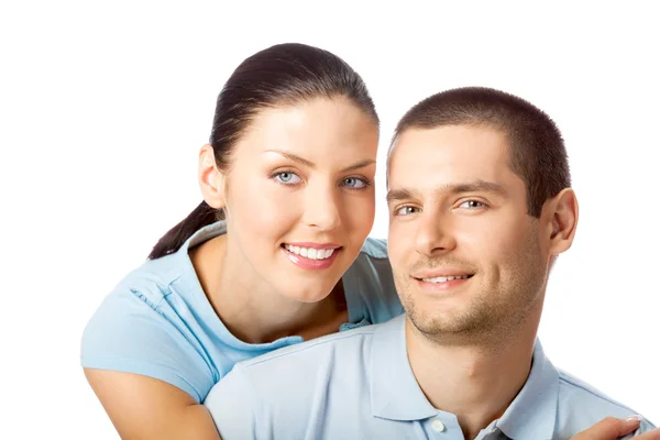Portrét mladých spokojený úsměv atraktivní pár, izolovaných na w — Stock fotografie