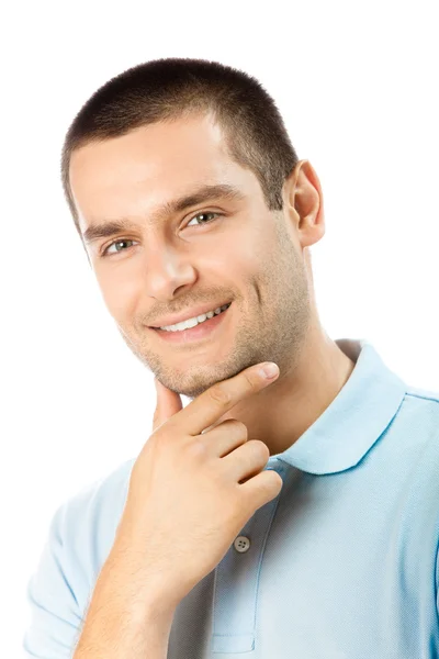 Glada leende ung man på vit — Stockfoto