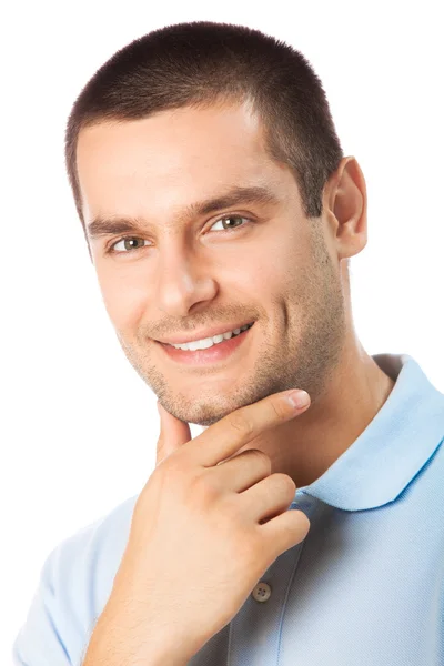 Porträt eines glücklich lächelnden Mannes, isoliert auf Weiß Stockfoto