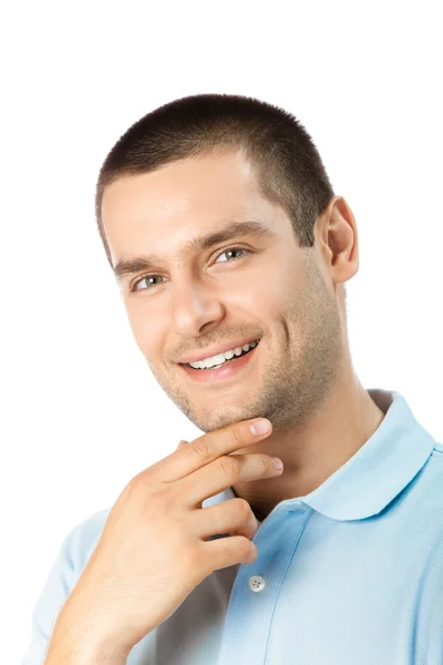 Porträt eines denkenden Mannes, aufblickend, lächelnd, isoliert auf weiß Stockfoto