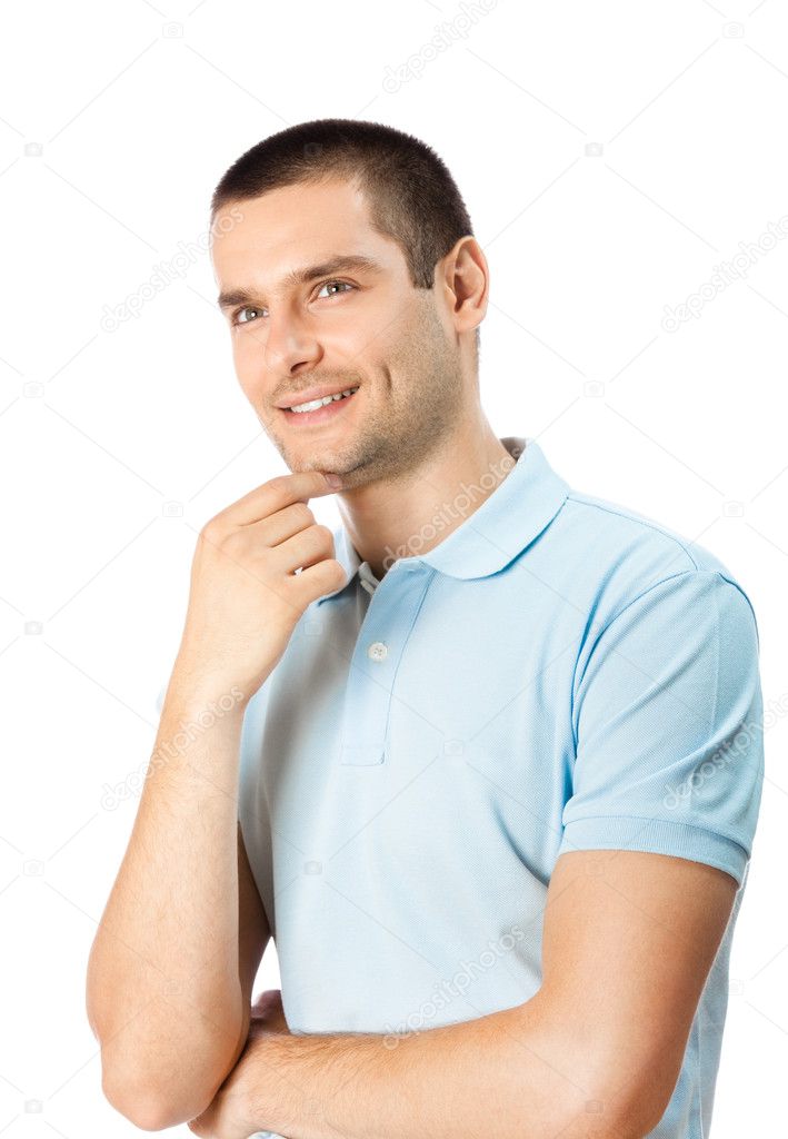 Portait of thinking man, looking up, smiling, isolated on white
