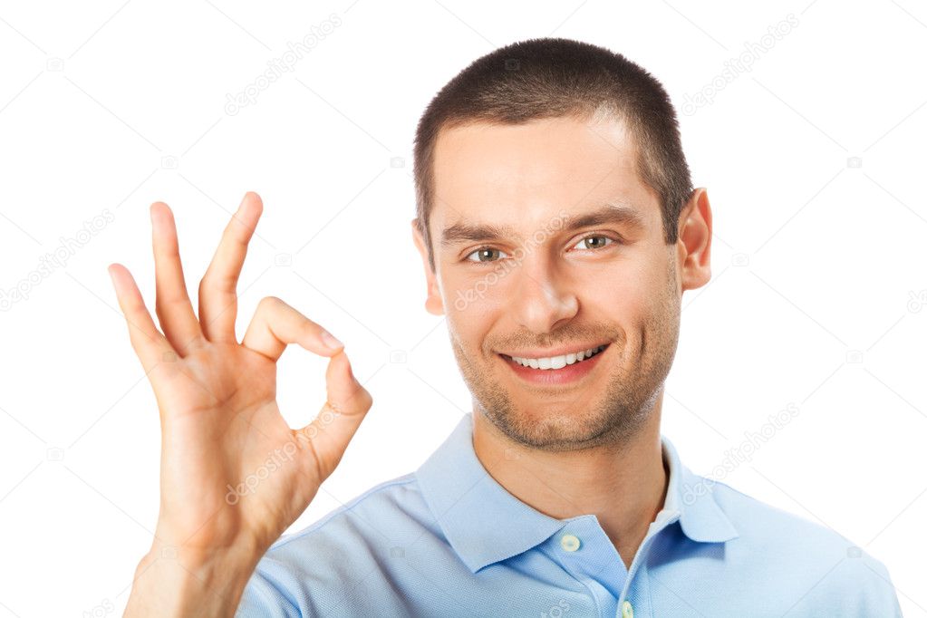 Portrait of happy gesturing man, isolated on white
