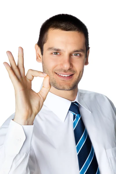Бизнесмен с нормальным жестом, на белом — стоковое фото