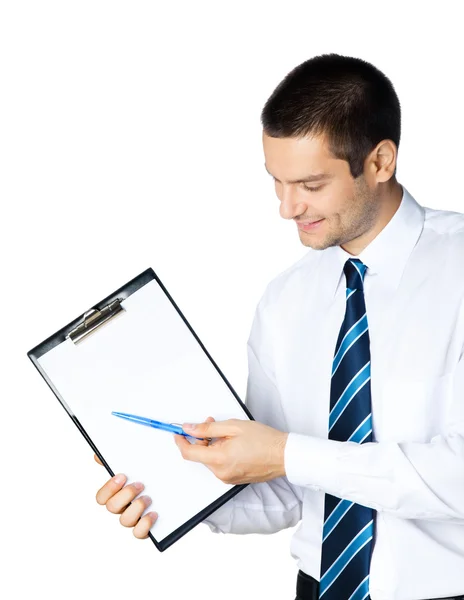 Бизнесмен с планшетом, на белом — стоковое фото