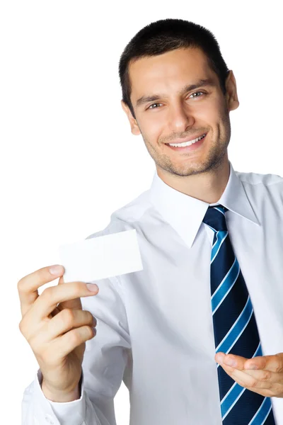 Businessman with business card, on white — Stock Photo, Image