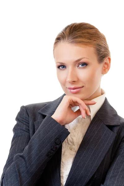 Portret myślącej bizneswoman, wyizolowanej na białym — Zdjęcie stockowe