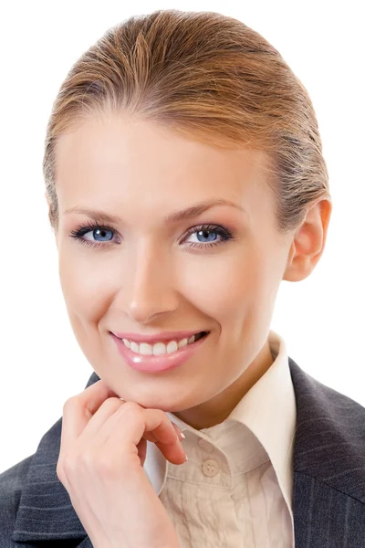 Portret myślącej bizneswoman, wyizolowanej na białym — Zdjęcie stockowe