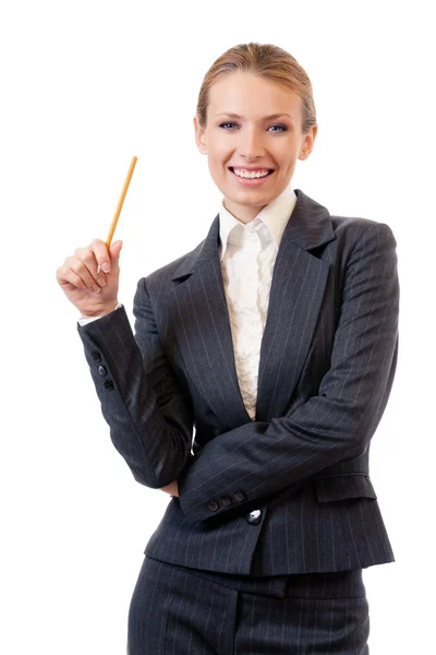Бізнес-леді з ручками, ізольовані на білому — стокове фото