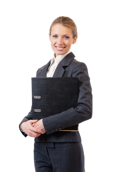 Бізнес-леді з текою, ізольовані на білому — стокове фото