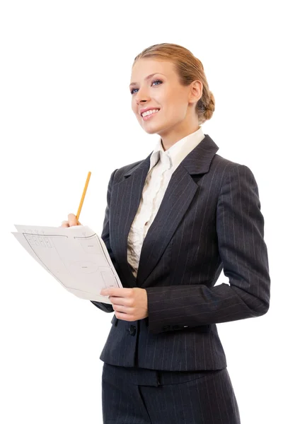 Бізнес-леді з ручками і схемою планування, ізольовані на білому — стокове фото