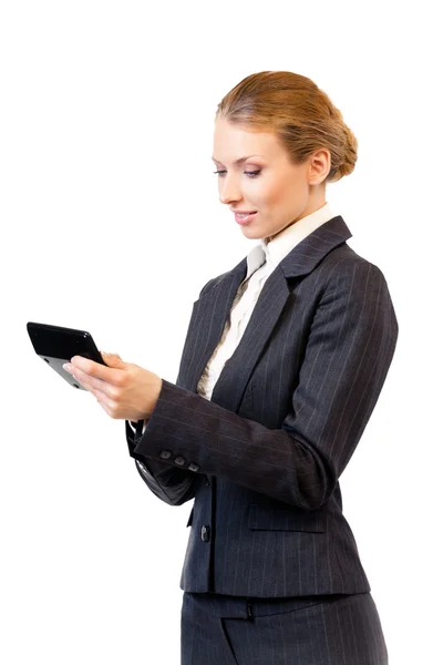 Mujer de negocios mostrando calculadora, aislada en blanco —  Fotos de Stock