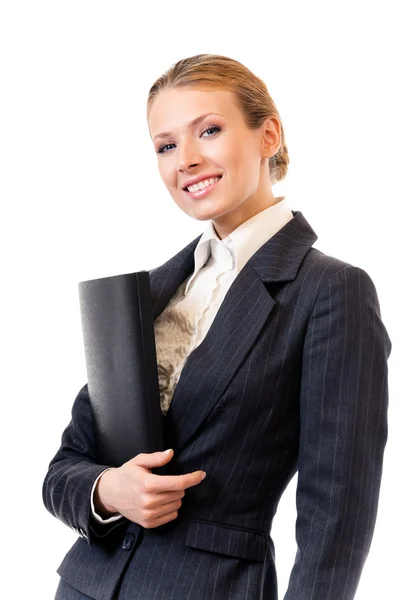 Предпринимательница с папкой, изолированная на белом — стоковое фото