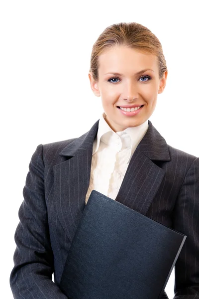 Бізнес-леді з текою, ізольовані на білому — стокове фото