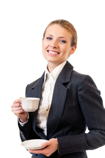 Businesswoman with coffee, isolated on white — Stock Photo, Image