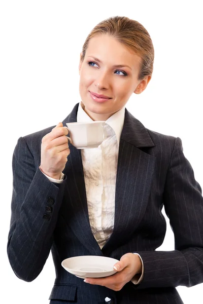 Businesswoman with coffee, isolated on white — Stock Photo, Image