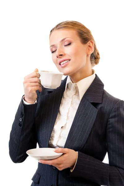 Zakenvrouw met koffie, geïsoleerd op wit — Stockfoto