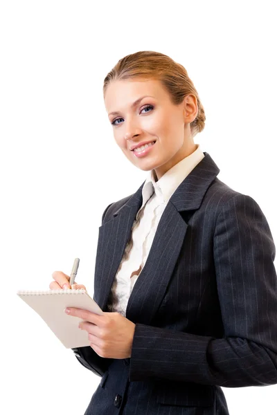 Businesswoman writing, isolated on white — Stock Photo, Image
