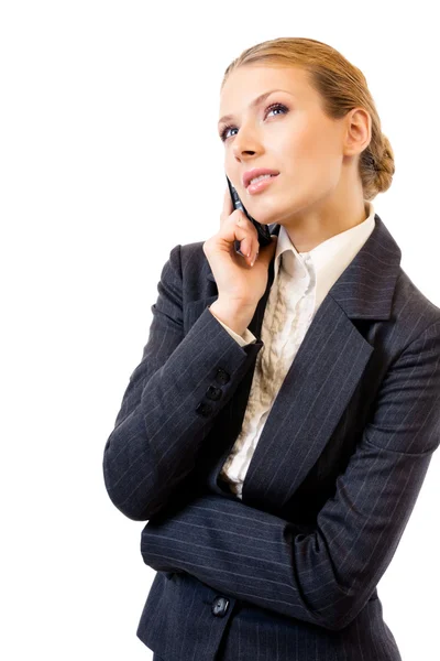 Donna d'affari con cellulare, isolato su bianco — Foto Stock