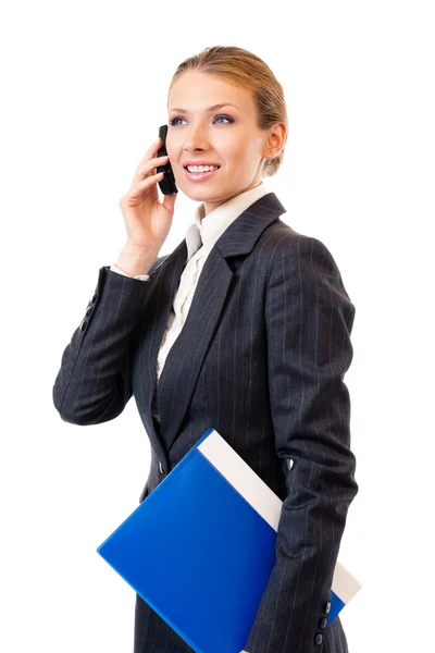 Businesswoman with cell phone, isolated on white — Stock Photo, Image