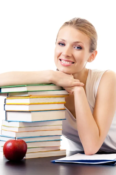 Mujer sonriente con libros de texto, aislada en blanco — Foto de Stock