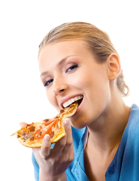 Woman eating pizza, isolated on white — Stock Photo, Image